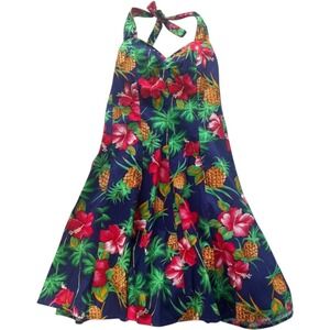 Royal Creations Dress Halter Tropical Blue Small Made in Hawaii 100% Cotton Mini